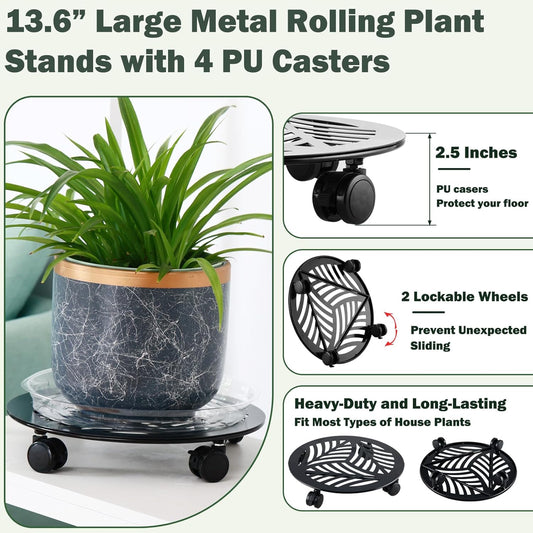1 Packs Large Metal Plant Caddy with PU Wheels 13.6" Heavy-Duty Wrought Iron Rolling Plant Stands Indoor Outdoor Wheeled Plant Dolly Planter Mover Rollers Plant, Leaf Style