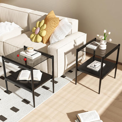 Set of 2 Rectangle Modern Glass End Table,Tempered Glass Top, Sofa Side Table with MDF Storage Shelf and Metal Legs,Modern Table for Living Room and Bedroom,Grey Glass/Black