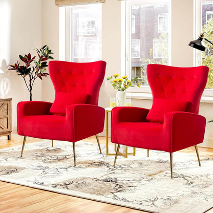 Velvet Accent Arm Chairs Set of 2, Mid-Century Modern Living Room Chair, Wingback Bedroom Side Chair with Gold Legs & Pillow, Button-Tufted, Red