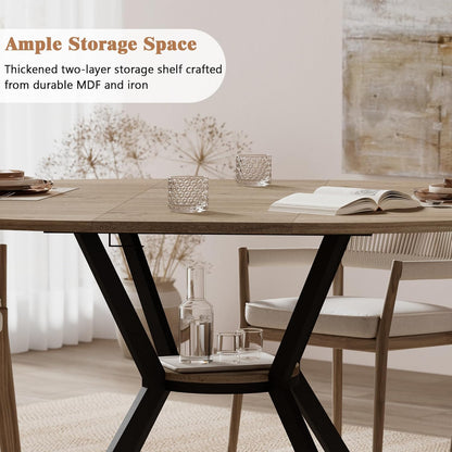 42"-58" Extendable Round Dining Table for 4-6, Kitchen Oval Table with Built-in Flip Leaf & Storage Shelf, Space Saving Modern Design with Sturdy Metal Legs for Kitchen, Living Room & Small Apartments