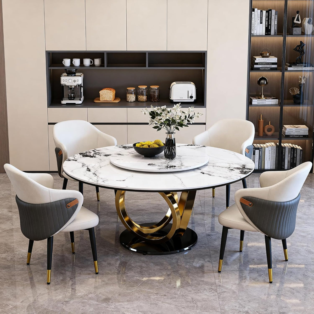 Montary 53” Modern Round Dining Table for 4-8 Seat, Artificial Marble Dining Room Table with Lazy Susan, 3 Gold Circles Stainless Steel Base, Sintered Stone Top Dining Table (Only Table)