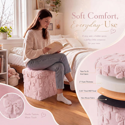 RattanView Storage Ottoman Dorm 12 Inch Pink Bow Cube Ottoman Dorm Back to School Coquette Foldable Foot Rest Stool with Lid for College Dormitory Bedroom Office