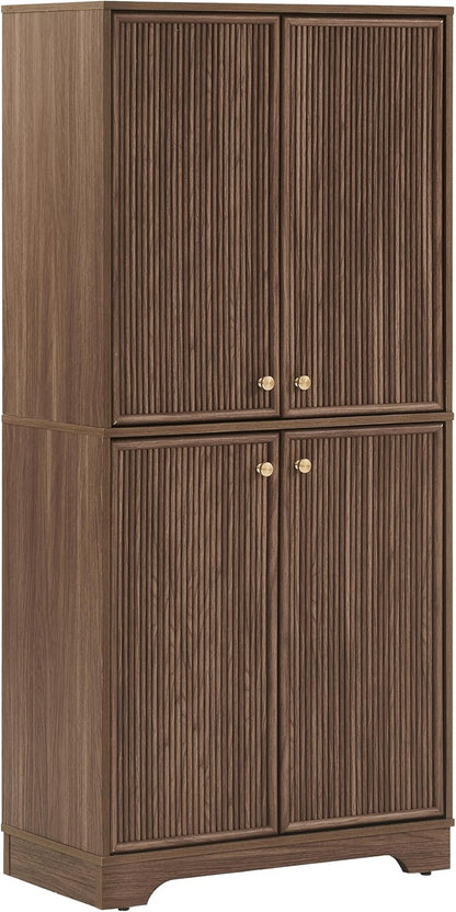 Crosley Furniture Naomi Modern Reeded Kitchen Pantry Storage Cabinet, Dining, Laundry Room, Bathroom, Walnut