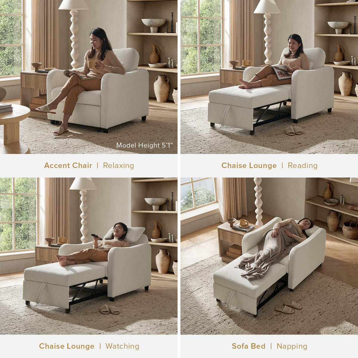 mopio Sophie 4-in-1 Convertible Sleeper Chair Bed, Accent Chair, Chaise Lounge, Comfy Reading Armchair, Pull Out Sofa Bed with Adjustable Backrest for Living Room, Bedroom (Pearl White Boucle)