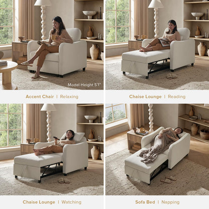 mopio Sophie 4-in-1 Convertible Sleeper Chair Bed, Accent Chair, Chaise Lounge, Comfy Reading Armchair, Pull Out Sofa Bed with Adjustable Backrest for Living Room, Bedroom (Pearl White Boucle)
