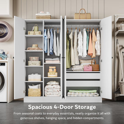 iPormis 4 Doors Armoire Wardrobe Closet with 2 Drawers, 63" Large Wardrobe Cabinet with Removable Hanging Rods and Adjustable Shelves, Closet Storage Cabinet for Bedroom, Cloak Room, White