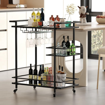RiteSune Black Bar Carts for The Home, Wine Cart with Wheels | 3 Tier Home Serving Bar Cart Drink Cart with Mirror Shelves for Living Room, Party (28.5" D x 15" W x 32" H)