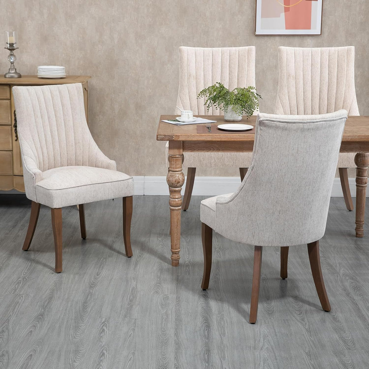 Linen Kitchen and Dining Chairs Set of 2, Channel Tufted Dining Room Chairs Comfy Fabric, Upholstered sillas for Dining Room with Solid Wood Legs
