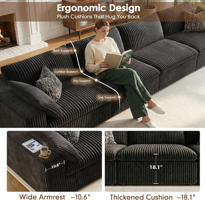 157.6" Cloud Couch Oversized Modular Sectional Sofa, U-Shaped 8 Seater Deep Seat Couch with Ottoman, Soft Corduroy Upholstery, DIY Combination for Living Room, No Assembly Required, Black