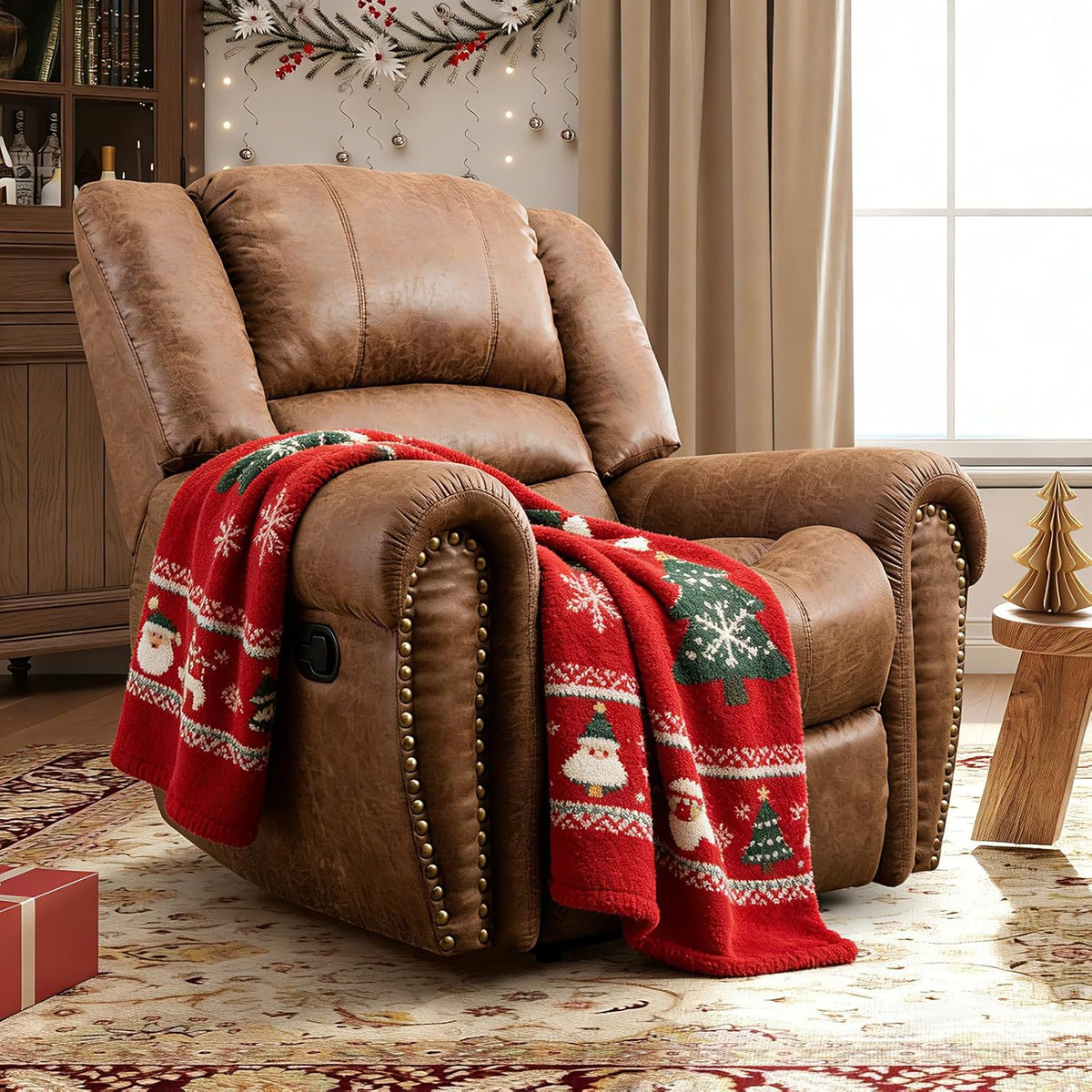 CANMOV Leather Recliner Chair, Classic and Traditional Manual Recliner Chair with Comfortable Arms and Back Single Sofa for Living Room, Nut Brown