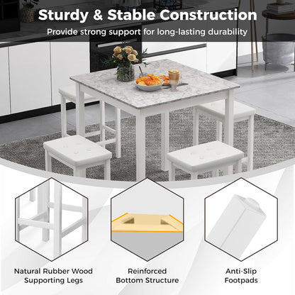 Tangkula 5-Piece Counter-Height Bar Table Set, Faux Marble Square Table & 4 PVC Leather Bar Stools w/Rubber Wood Legs, Modern Dining Set for Kitchen, Breakfast Nook & Small Spaces (White)