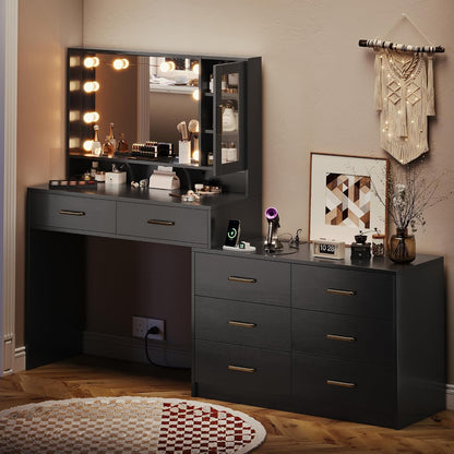 Makeup Desk with Drawers & Cabinet & Dresser, Black Vanity Table with Drawer Dresser, Large Vanity Table with 8 Drawers, Vanity Desk with Large Mirror and 3-Color Lights for Girls, Dressing Table 59"