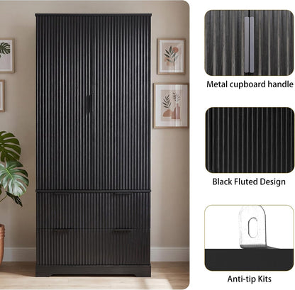 Polibi 72" Fluted Kitchen Pantry Cabinet with Drawers & 3 Shelves,Black | 8 Built-In Door Spice Racks. Sturdy MDF,Freestanding Storage Organizer for Kitchen Dining Room