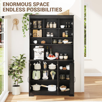 Spacious Storage & Modern Design Pantry Cabinet with Hutch – 70.9'' Tall Kitchen Cabinet – Glass Doors, Built-in Charging Station – Ideal for Dining Room – Black Color