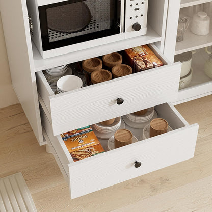 VOWNER Kitchen Hutch Storage Cabinet Microwave Shelf, Freestanding Pantry with 4 Glass Doors and 2 Drawers, Modern Sideboard Buffet Cabinet for Kitchen, Dining Room, Living Room, White