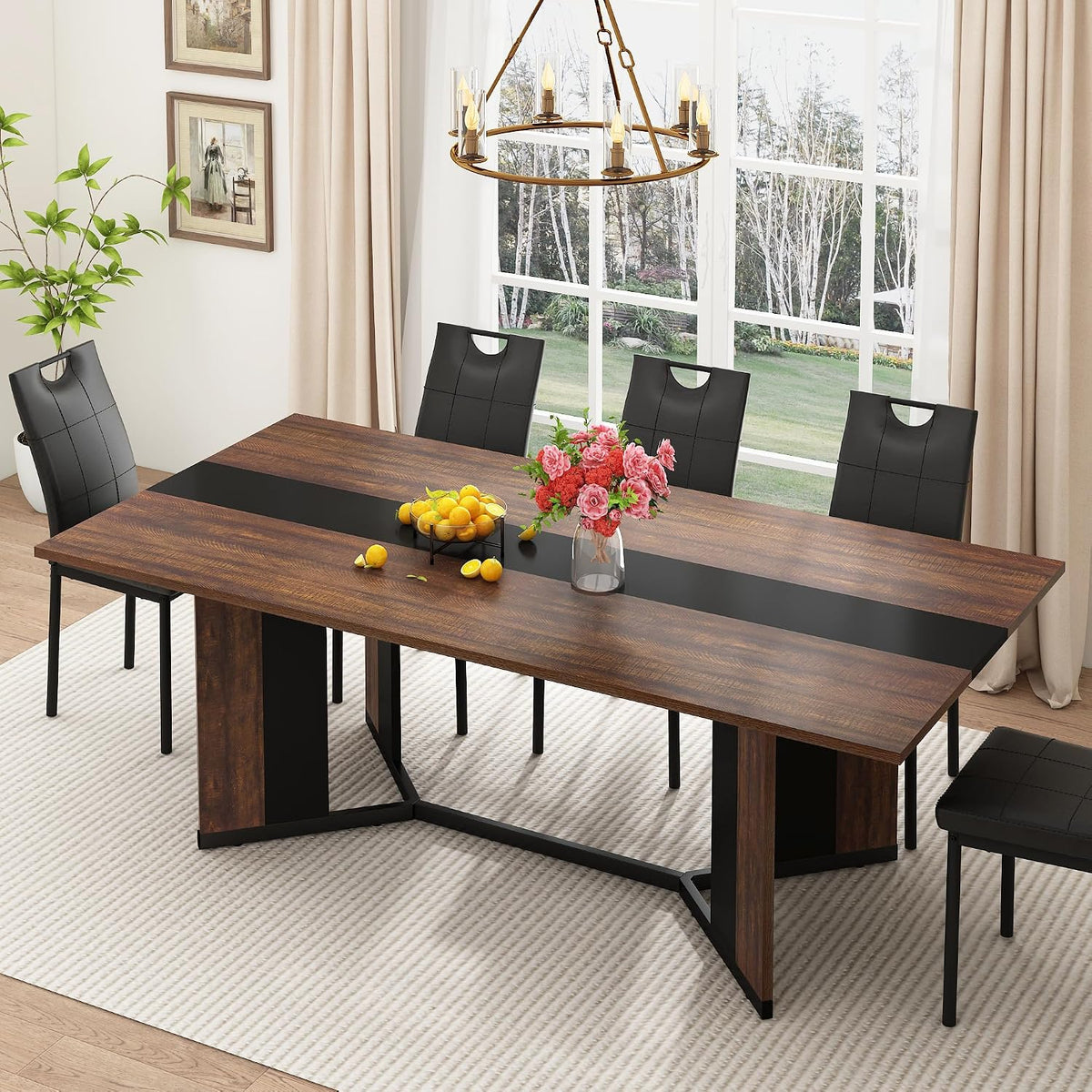 7-Piece Dining Table Set with 6 Cushion Chairs for 4 6 People, 71" Large Long Wooden Kitchen Table Sets W/Waterproof Tabletop, Farmhouse Rectangular Dinner Table for Dining Room,Kitchen(Brown)
