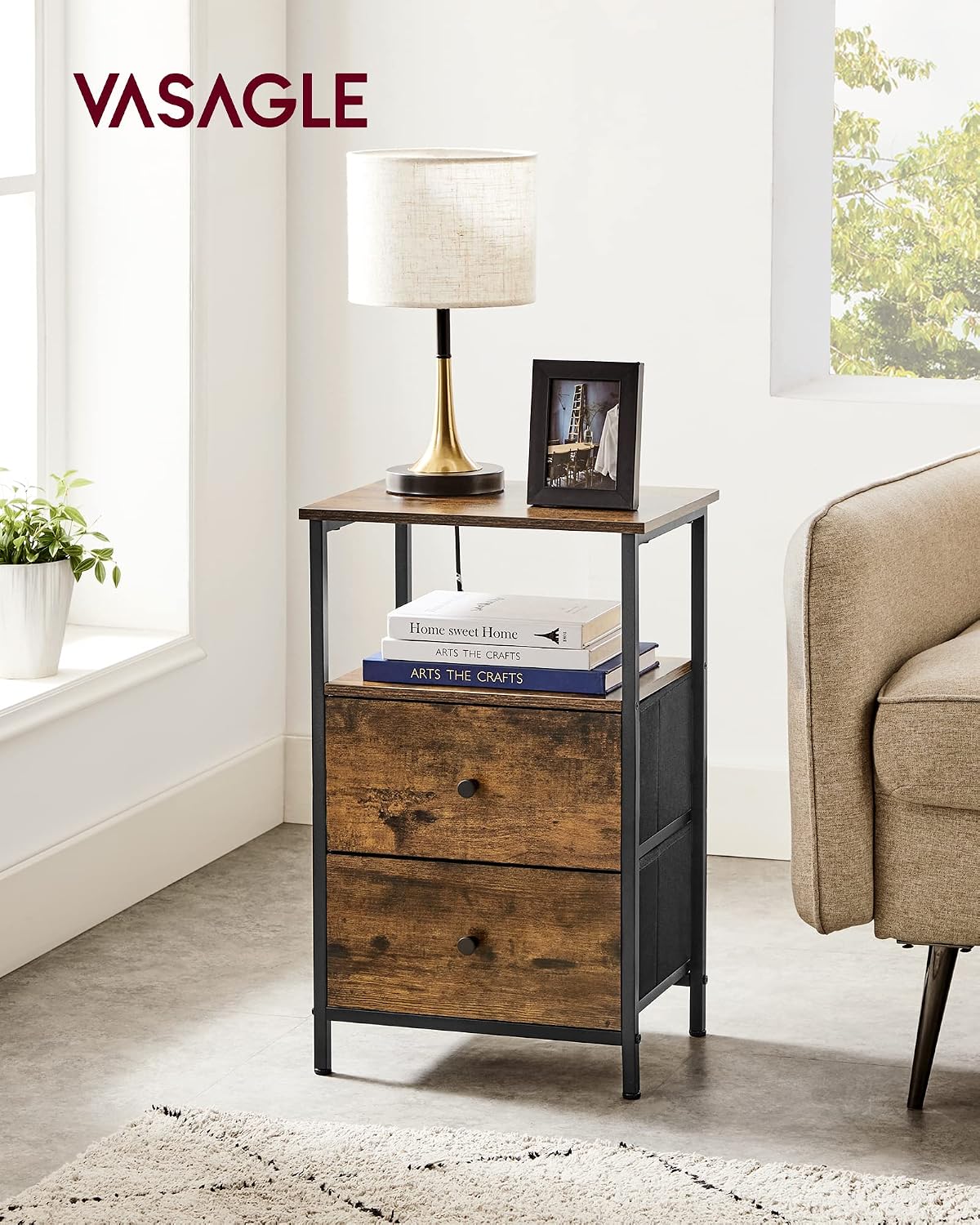 VASAGLE Nightstand, 24-Inch Tall Side Table with 2 Fabric Drawers and Storage Shelf, for Bedroom, Rustic Brown and Black ULGS025B01