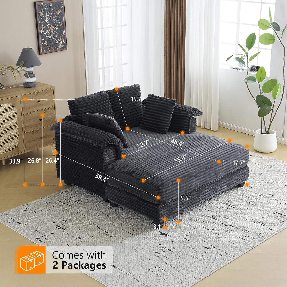 VINGLI 56" Oversized Chaise Lounge Chair, Dark Grey Comfy Corduroy Chaise Sofa Recliner Bed Upholstered Sleeper Couch Bed with Throw Pillows and Armrests for Living Room, Movie Room, Bedroom