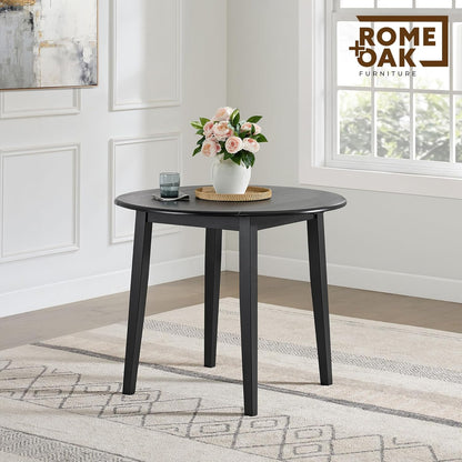 ROME + OAK Hinged Drop Leaf Dining Table, 22-36 Inch Round Tabletop with Sturdy Base, Black - Modern Solid Wooden Furniture Piece for Home