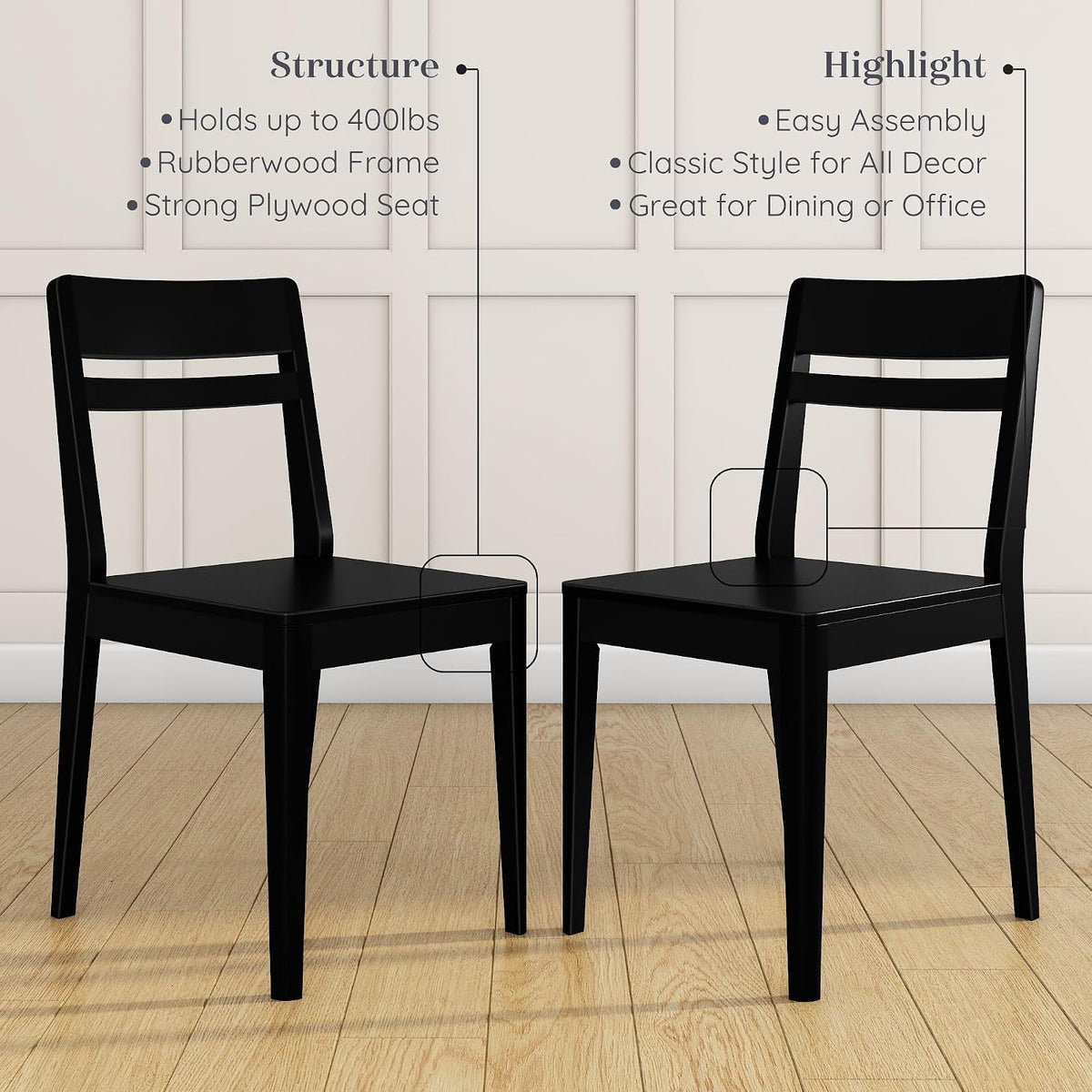 Grain & Grove Crew Dining Chair, Set of 2, Solid Rubberwood Frame, Engineered Wood Seat, Comfortable Backrest, Easy Assembly, Durable Wooden Kitchen & Dining Room Chair, Black