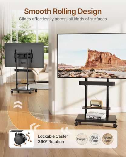 Rolling TV Stand with Soundbar Mount for 37-75inch TVs up to 154lbs | Swivel&Tilt Mobile TV Stand with Large Storage,Height Adjustable,Steel Base,Max VESA 600x400mm,Sturdiness,Easy Assembly,Black