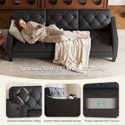 83" Black Faux Leather 3 Seater Couch, Mid Century Tufted Sofa Living Room | STHOUYN Office Couch, Tufted Design, High Resilience Foam, 700 lb Capacity, Easy Assembly, Waiting Room Area, Small Couches