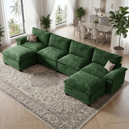 140" Modular Sectional Couch, U Shaped Cloud Sofa for Living Room | Comfortable Foam Cushions, Sturdy Frame, Appealing Appearance, Easy Assembly, Soft Chenille, Modular Design, Green