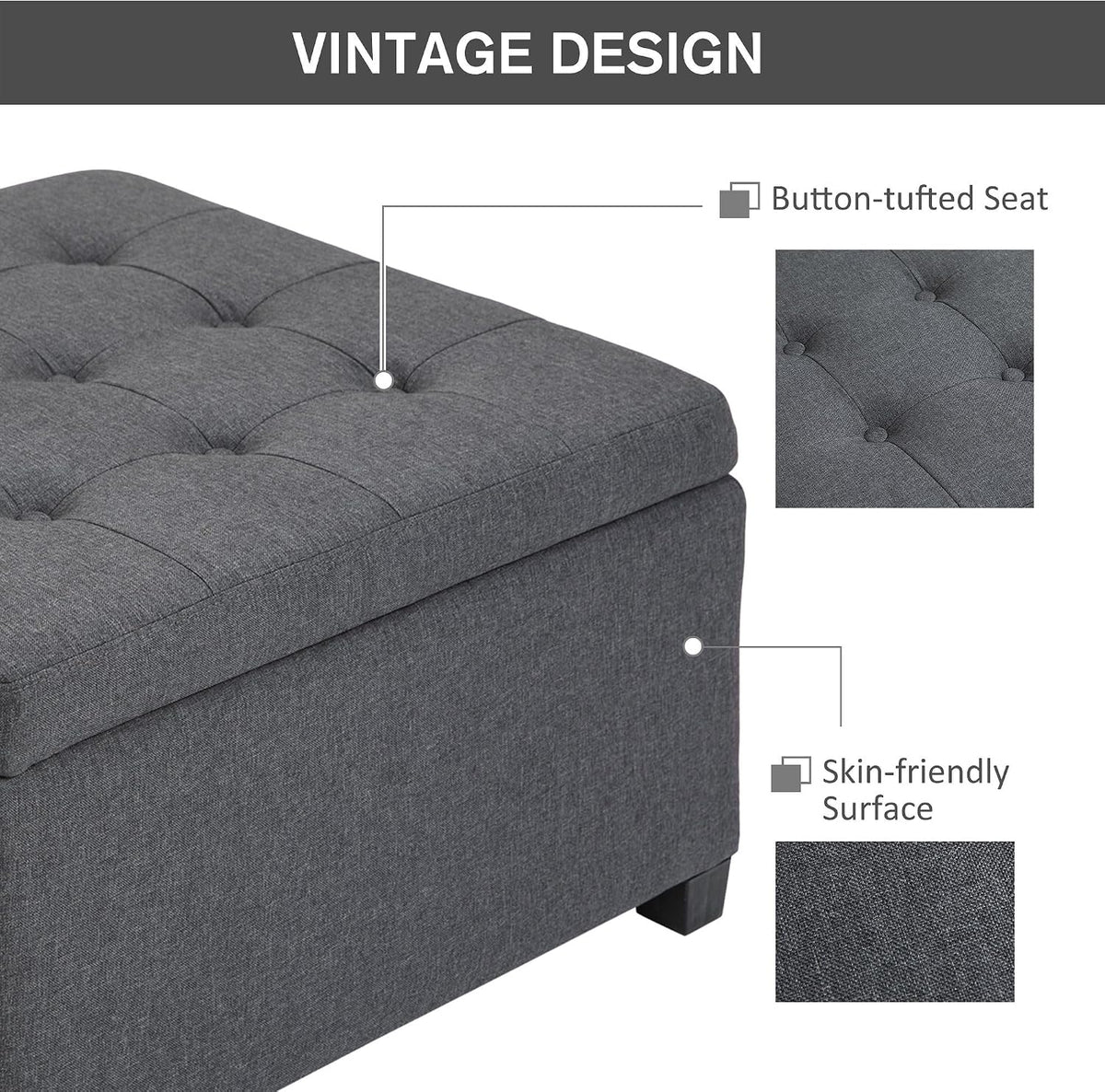 33x28x17inch 450lb Premium Quality Tufted Microfiber Storage Ottoman LiftTop Heavy Duty Metal Hinge Cherry FFor rame Charcoal