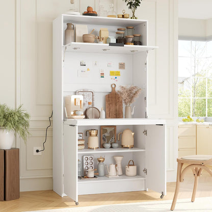 Tall Pantry Cabinet with Power Outlet, Multifunctional Cupboard with Adjustable Shelf, Hutch and Foldable Workstation for Dining Room, Living Room (White)