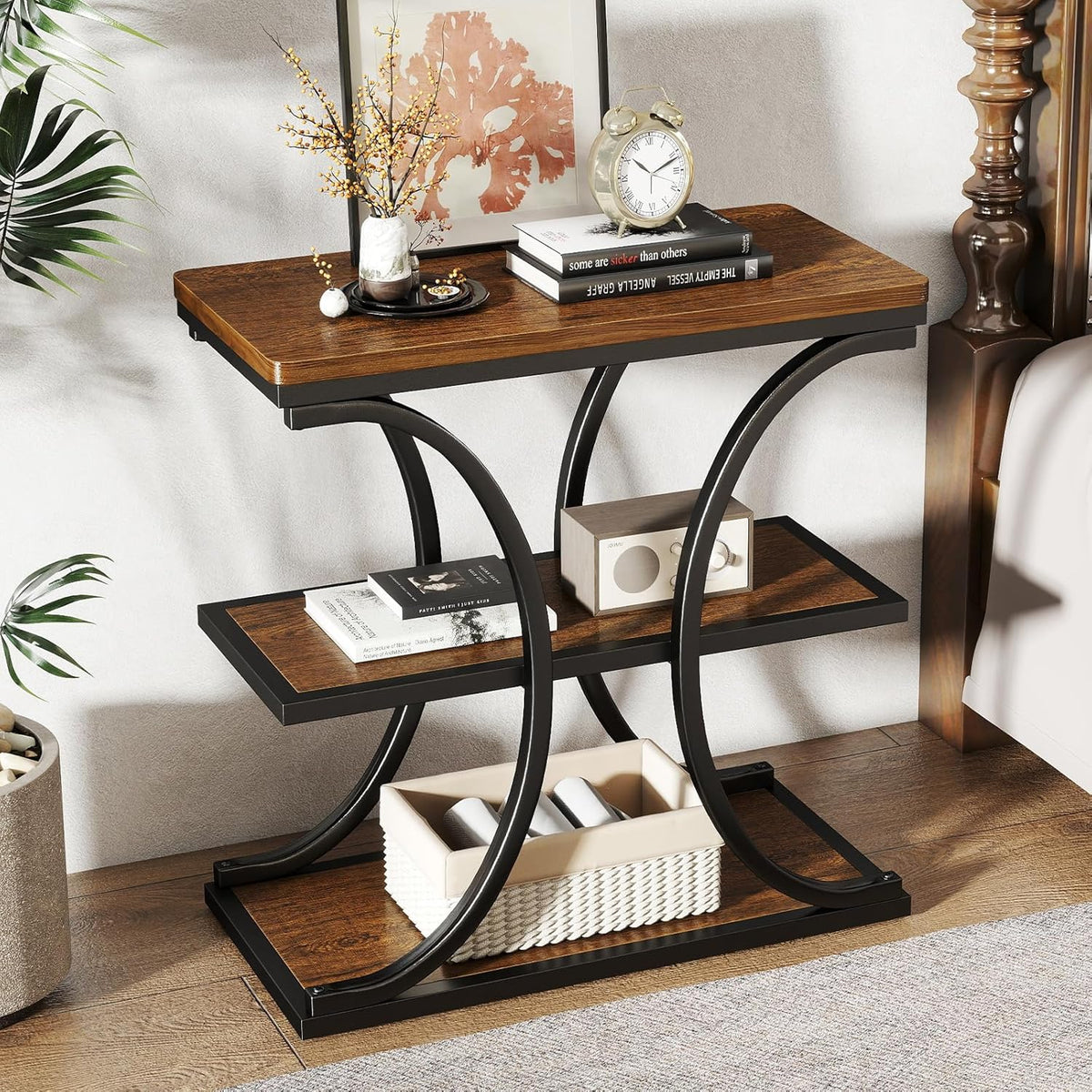 BECHAEO 24" End Tables Living Room, Industrial 3-Tier Small Side Table with Storage Shelves, Wood Sofa Table with Geometric Metal Frame, Multi-Functional Nightstand for Bedroom