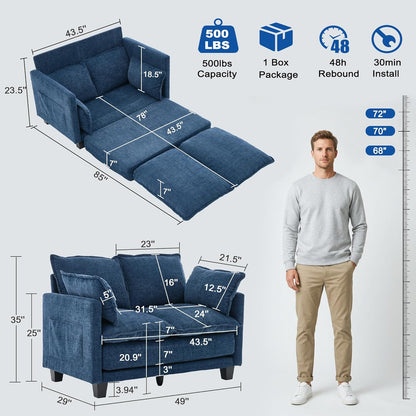 49" Loveseat Sofa Bed, 2 in 1 Convertible Small Sofa Pull Out Couch Bed Chenille Deep 2 Seat Sleeper Twin XL Futon Mattress for Small Spaces Living Room Bedroom Apartment Office, Blue