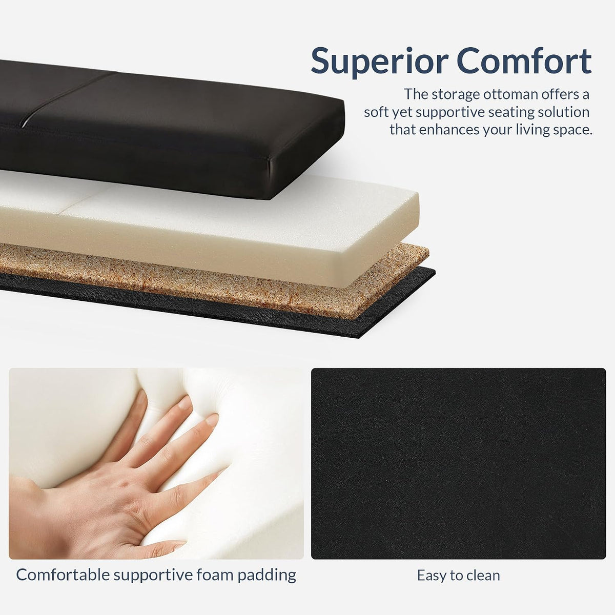 BELLEZE Storage Faux Leather Ottoman, 47 Inch Bench Bedroom Bench with Safety Close Hinge, Extra Long Ottoman with Storage for Living Room, Entryway, Hallway, Foot Rest, Support 300lbs - Black