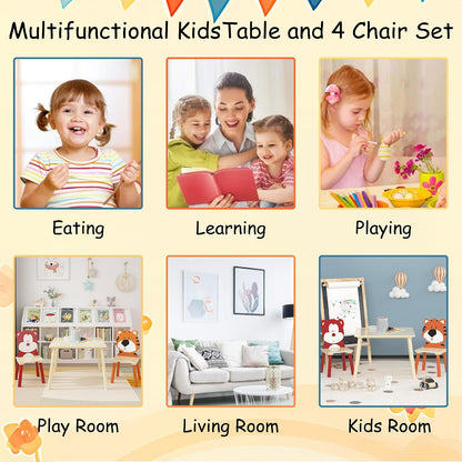 Kids Table & 2 Chairs Set Bear Tiger Wooden 3-Piece Toddler Set