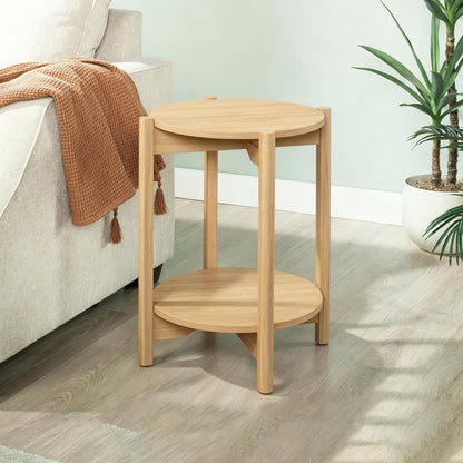 Round Two-Tier Accent End Table, Wood Composite Construction with All-Side Finished Surface and Open Storage Shelving