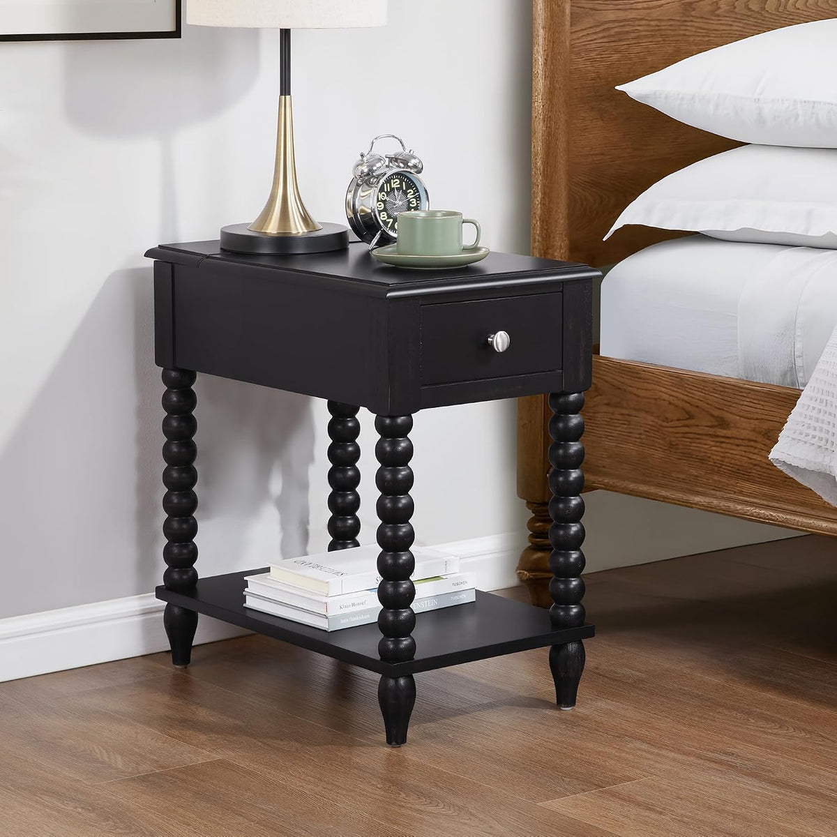 Solid Wood End Table with Charging Station & Drawer Shelf - Handcrafted Spindle Legs Accent Table for Living Room, Bedroom - Sturdy Multifunctional Nightstand, Farmhouse & Modern Décor (Easy Assembly)
