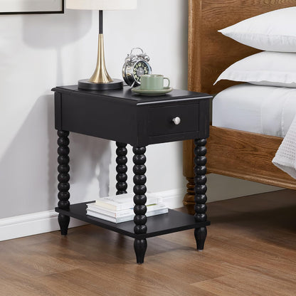 Solid Wood End Table with Charging Station & Drawer Shelf - Handcrafted Spindle Legs Accent Table for Living Room, Bedroom - Sturdy Multifunctional Nightstand, Farmhouse & Modern Décor (Easy Assembly)