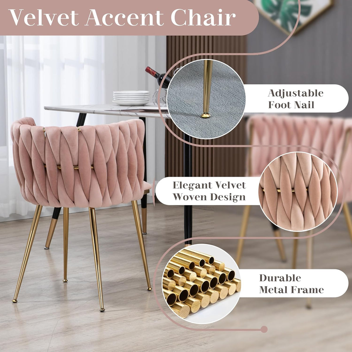 Gold Luxury Round Glass Dining Table Set for 2, 3 Pcs Clear Circle Glass Top Dinner Room Set, 36'' Modern Minimalist Circular Kitchen Table Set, Pink Woven Chair, for Small Place Apartment