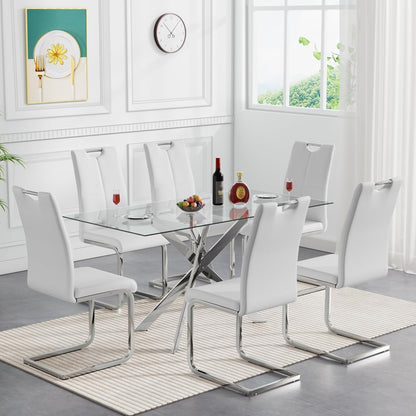 Henf 7 Piece Glass Dining Table Set for 6, 61" Modern Silver Kitchen Table and Chairs for 6, Rectangle Dining Room Table Set with 6 White Faux Leather Chairs for Small Space,Home, Apartment