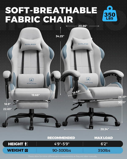 GTPLAYER Gaming Chair Fabric with Pocket Spring Cushion,Computer Office Chair with Lumbar Support for Adults Linkage Armrests and Footrest Ergonomic Gamings Chairs Height Adjustable LightGray