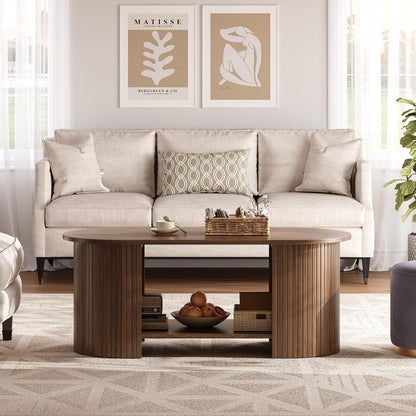 42" Oval Fluted Coffee Table, 2-Tier Center Table with Large Storage, Mid-Century Modern Wood Coffee Table for Living Room, Home Office, Small Space, Walnut