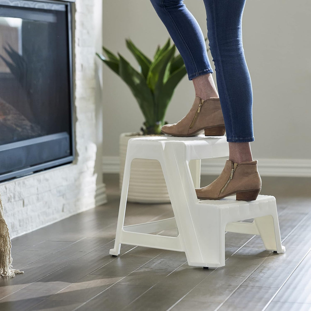 Gracious Living 2-Step Plastic Stool, 300 Lb Capacity, White | Portable Step Stool for Dorm, Home, Classroom & Office, 18"L x 18.75"W x 16"H