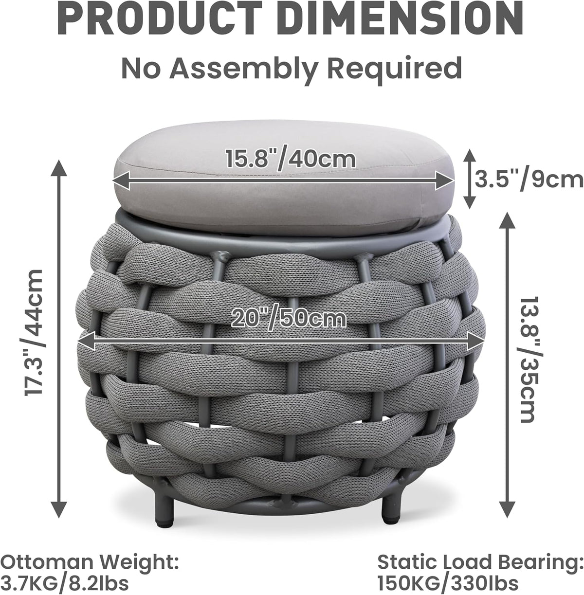 Round Patio Ottoman: Woven Textilene Rope Footstool with φ15.8'' Cushion, Aluminum Frame Footrest, All-Weather Foot Rest for Balcony Garden Deck Outdoor, No Assembly, Dark Gray