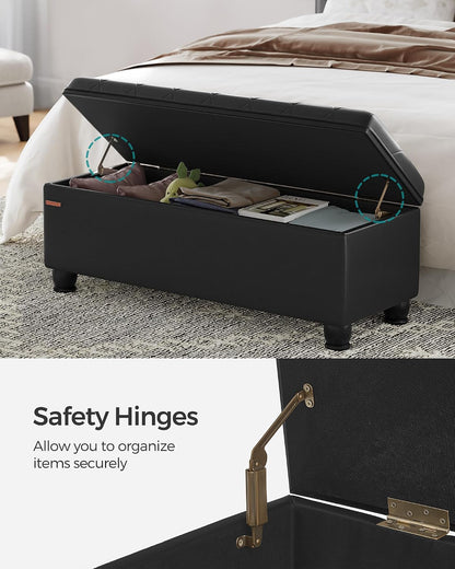 SONGMICS Storage Ottoman, 46.5 Inches Long Bed End Stool, Solid Wood Legs | Buttons Decoration, Non-Slip Foot Pads, 330.7 lb Load Capacity, Ink Black, MACEO Collection ULOM071B01