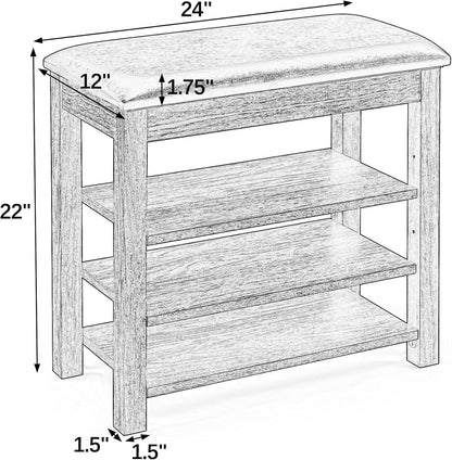 24" Short Entryway Shoe Storage Bench with Cushion, Height Adjustable 3-Tier Rubberwood Shoe Rack with Hidden Compartment, Brown Wood Shoe Organizer for Small Spaces