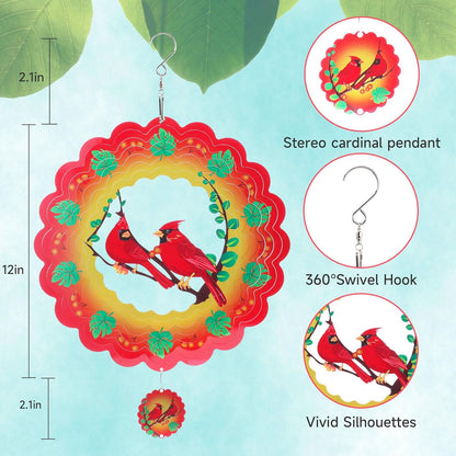 Cardinal Wind Spinners Gift for Women Men, 12 Inch Outdoor Metal 3D Wind Spinner Garden Yard Decor, Hanging Wind Catchers Stainless Steel Kinetic Sculpture for Outside Decoration