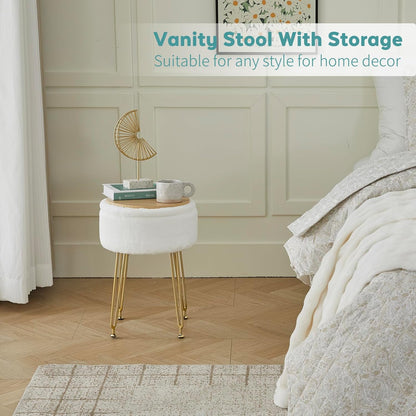 BRIAN & DANY Vanity Stool, Faux Fur Vanity Stool Chair with Storage, Round Makeup Chair Soft Padded Seat with Legs for Bedroom (White)