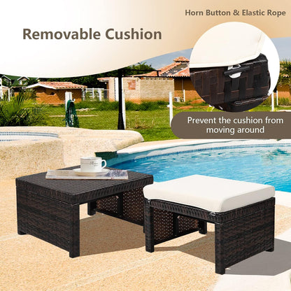 2-Piece Wicker Ottomans, Outdoor Rattan Foot Rest Set of 2 w/Removable Cushions, Multipurpose Foot Stool, Side Table & Additional Seating for Patio, Backyard & Poolside (Off White)