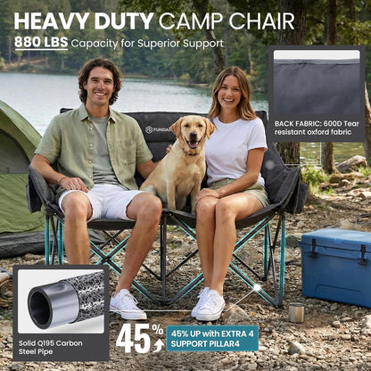 FUNDANGO Double Camping Chair, Oversized Padded Camping Loveseat for Adults, Heavy Duty Folding Camping Couch for 2 Person, Portable Outdoor Sofa with Cup Holders for Lawn, Sports, RV, Grey