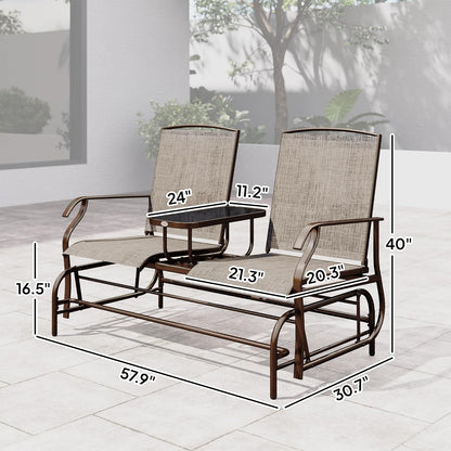 Outsunny Outdoor Glider Bench with Center Table Metal Frame Armrests Brown | Patio Loveseat, Breathable Mesh Fabric, for Backyard Garden Porch