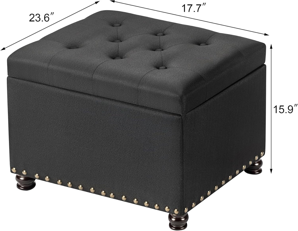 24" Storage Ottoman, Fabric Ottoman Foot Rest Stool with Hinged Lid, Tufted Rectangle Upholstered Footstool, Load Up to 350 lb, for Living Room, Bedroom, Dorm, Black